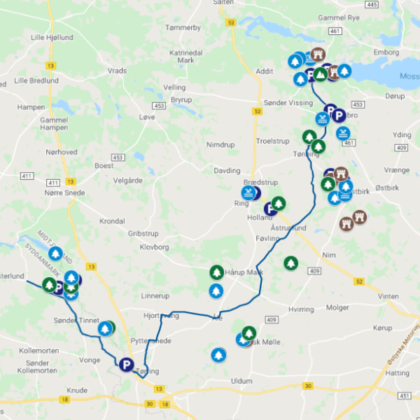 Digitalt kort over Regionalrute 33 fra Gudenåens udspring til Gl. Rye