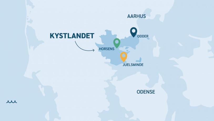 Kort over Kystlandet med markering af Odder, Horsens og Juelsminde