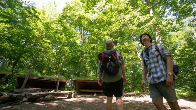 To mænd på vandretur ved shelterplads i skoven