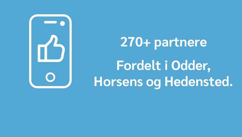 Infografik antal partnere i Destination Kystlandet: 270+ fordelt i Odder, Horsens og Hedensted