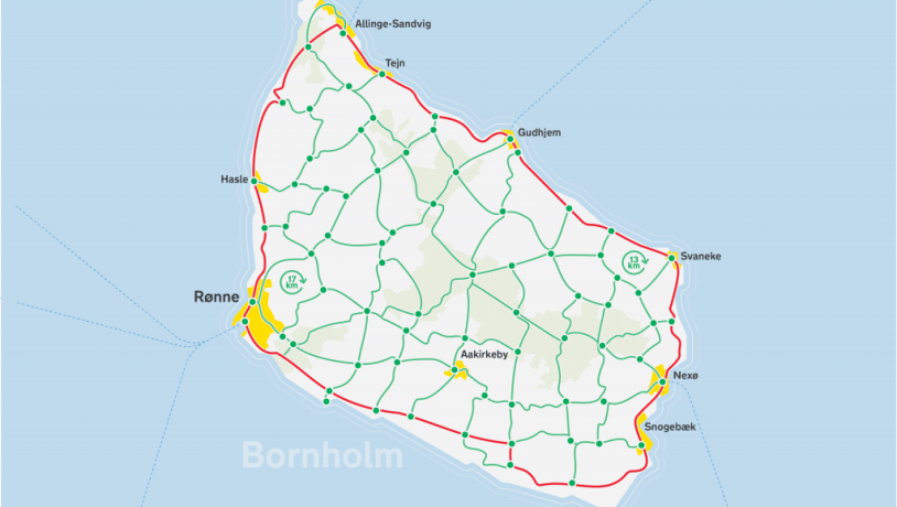 Kort over cykelknudepunktsnetværk på Bornholm