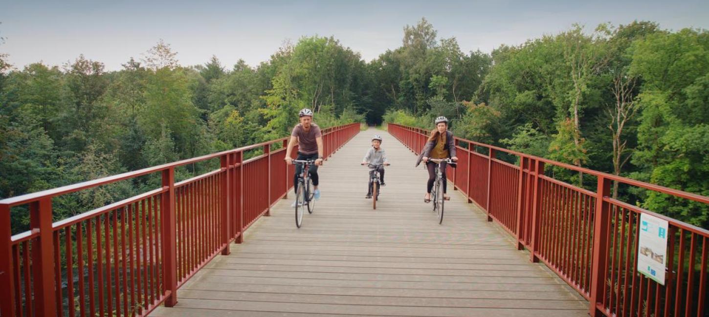 Familie cykler over Den Genfundne Bro