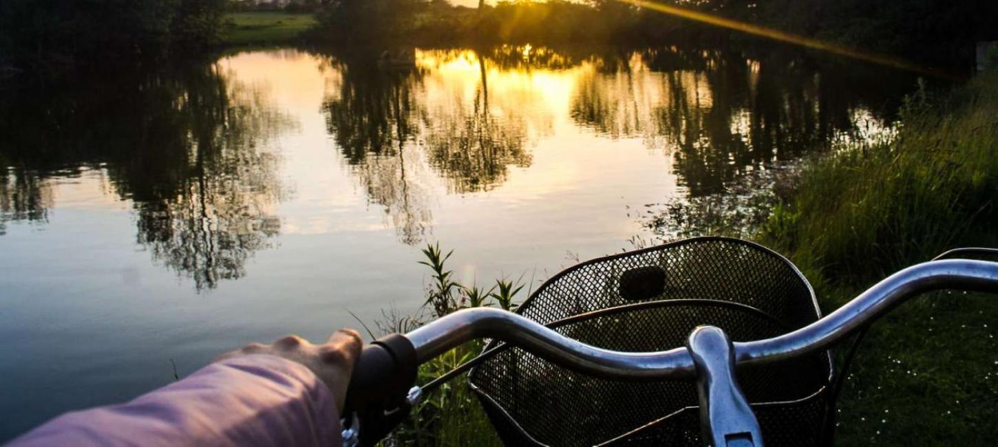 Cykelstyr med udsigt over sø på Endelave i Kystlandet