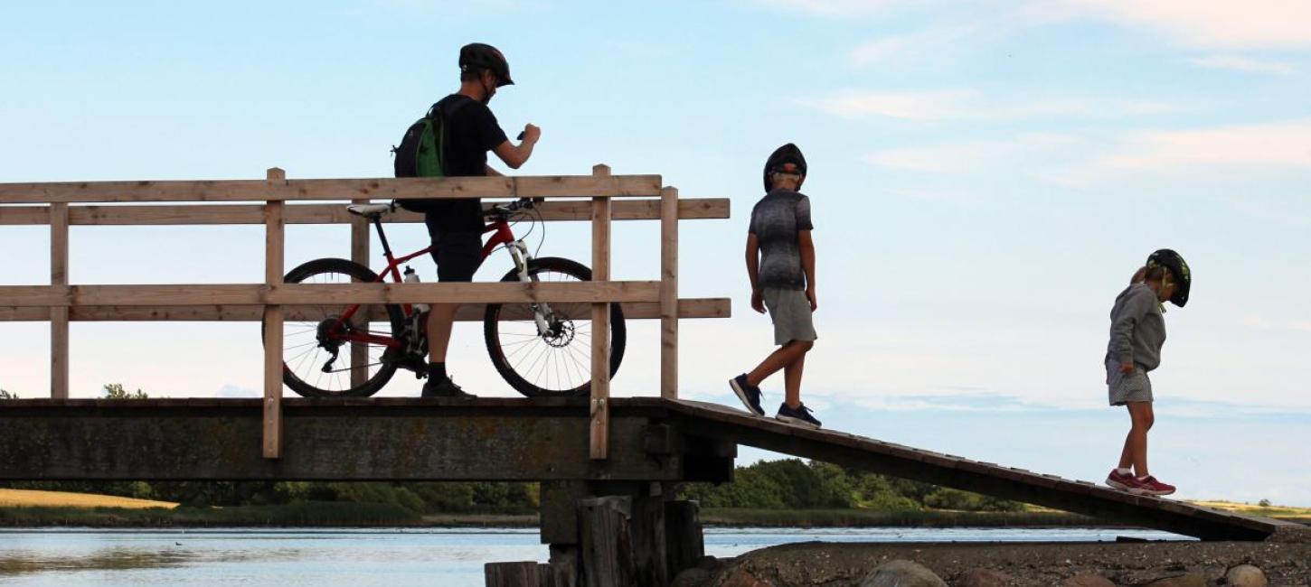 En mand på cykel og to børn på en bro på Hjarnø