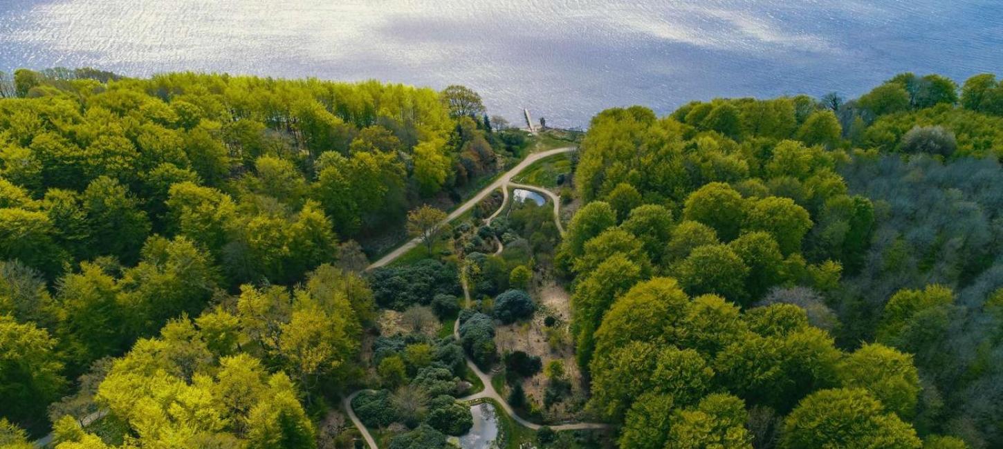 Parken og kurvejene ved Hotel Vejle Fjord set fra oven