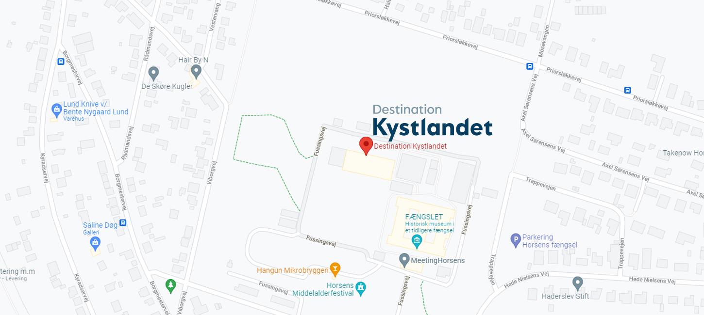 Kortoversigt med markering af Destination Kystlandet, Fussingsvej 8, 8700 Horsens