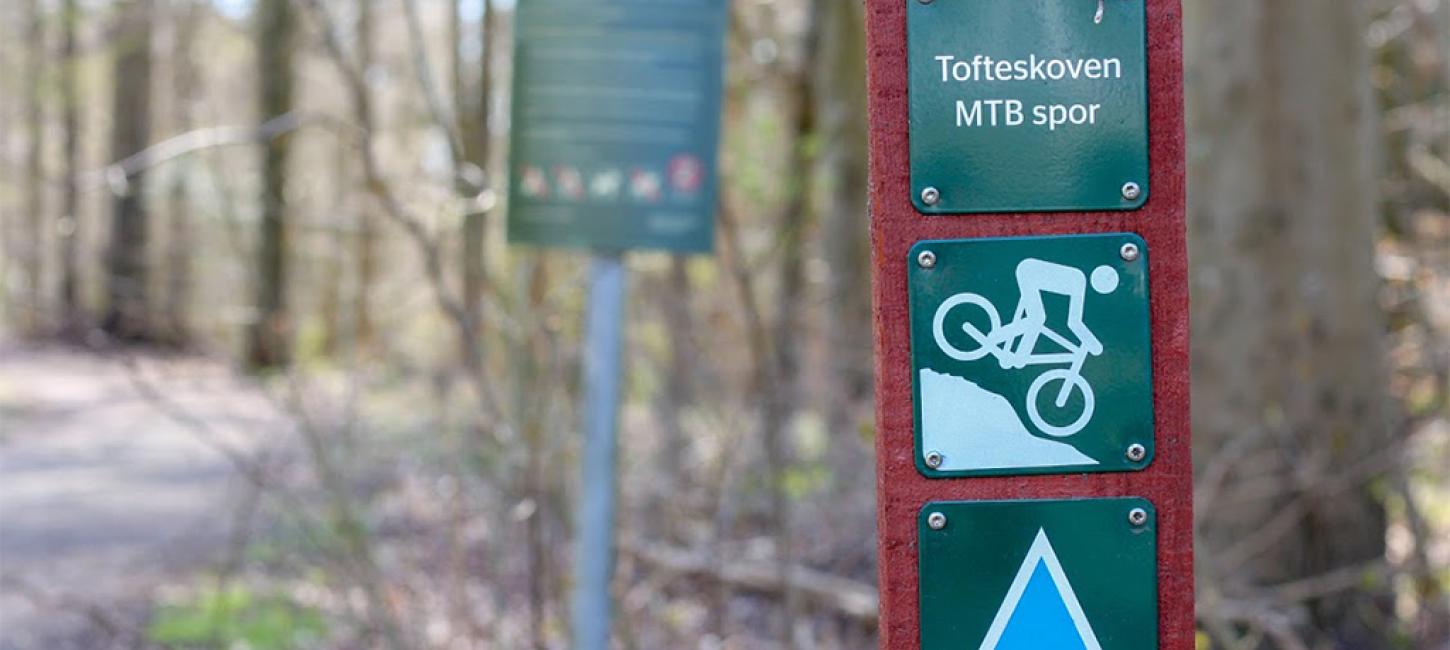 Skilt for blåt spor på mountainbikeruten i Tofteskoven i Juelsminde
