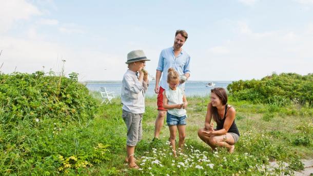 Familie står på græsstykke ved strand