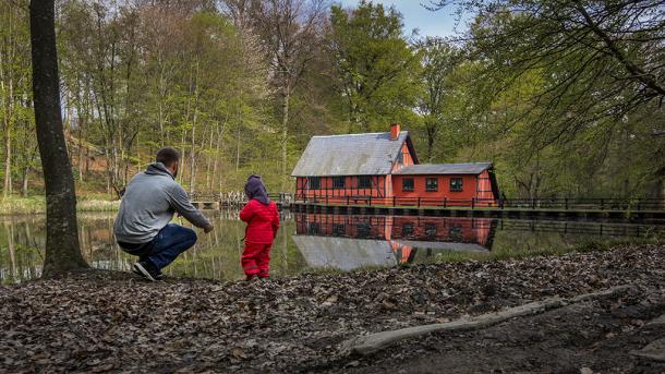 Far og barn ved Boller Mølle i Klokkedal Skov