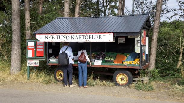 Mand og kvinde shopper grøntsager hos Tunø Kartofler på Tunø - en del af Destination Kystlandet