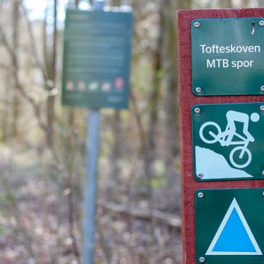Skilt for blåt spor på mountainbikeruten i Tofteskoven i Juelsminde