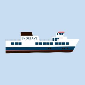 Illustration af Endelavefærgen som sejler mellem Snaptun og Endelave i Det Østjyske Ø-hav i Kystlandet