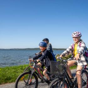 FAmilie med to børn cykler på Alrødæmningen